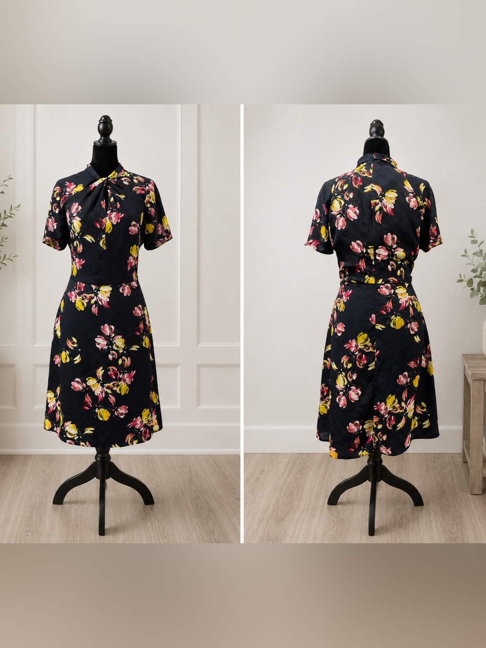 Banana Republic Black Mini Dress with Pink & Yellow Floral Print
